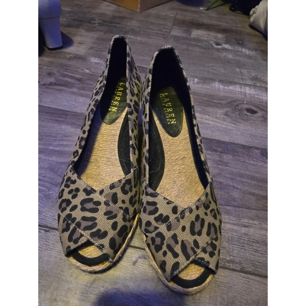 Lauren Ralph Lauren Cecilia Leopard Peeptoe Wedge Espadrille Shoes Size 8.5